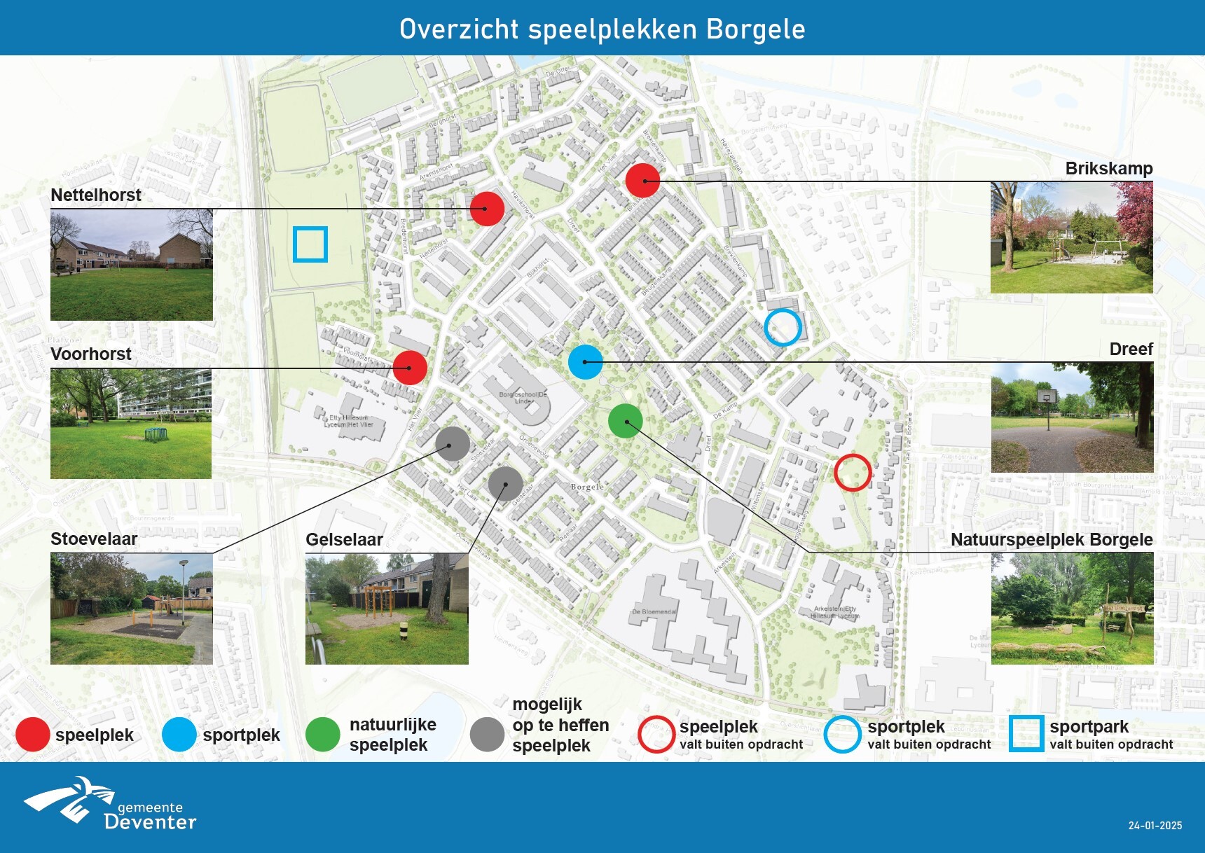 Overzicht speelplekken Borgele. Zie voor informatie de alinea Overzicht speelplekken Borgele. Meer weten over het ontwerp? Neem contact op via webredactie@deventer.nl.