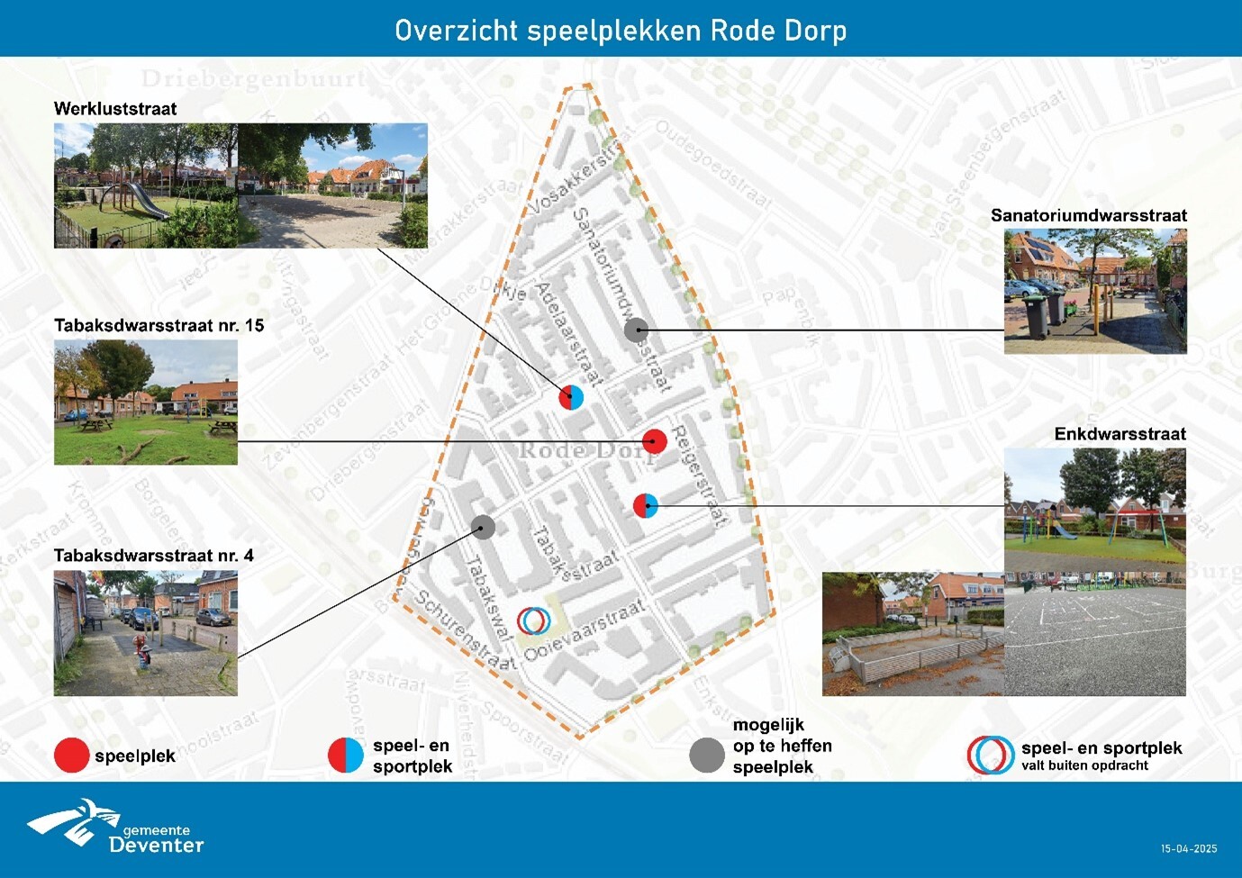 Overzicht speelplekken Rode Dorp. Zie voor informatie de alinea Overzicht speelplekken Rode Dorp. Meer weten? Neem contact op via webredactie@deventer.nl.