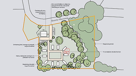 Kaart met daarop ingetekend de inpassing van de Skaeve Huse in de omgeving, met toegang, begrenzing, bomen en omheiningen., 