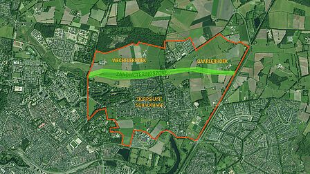 Kaart waarop het gebied Deventer Noord Oost zichtbaar is: driehoek Wechelerhoek, Baarlerhoek en dorpshart Schalkhaar.