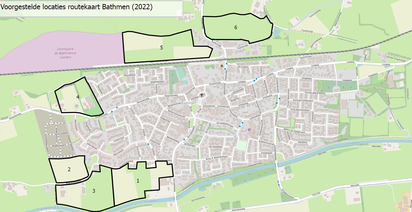 Kaart met voorgestelde locaties routekaart Bathmen